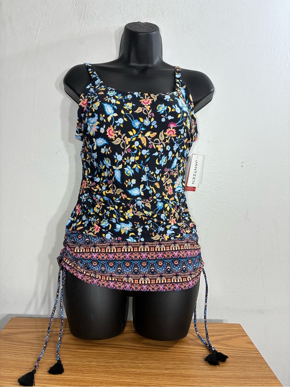 Jantzen Black Floral Adjustable Spaghetti-Strap Tank with Tassel Side Ties
